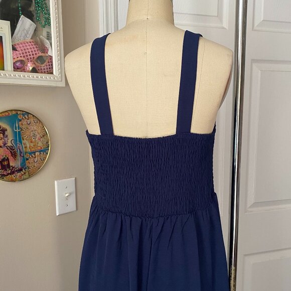 ROUGE Navy Blue Smocked chest Stretch Wide-Leg Romper Jumpsuit *LARGE* - Picture 5 of 6